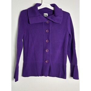 Chicos Purple Cotton Button Front Cardigan Sweater Ribbed Collar Size 1 M